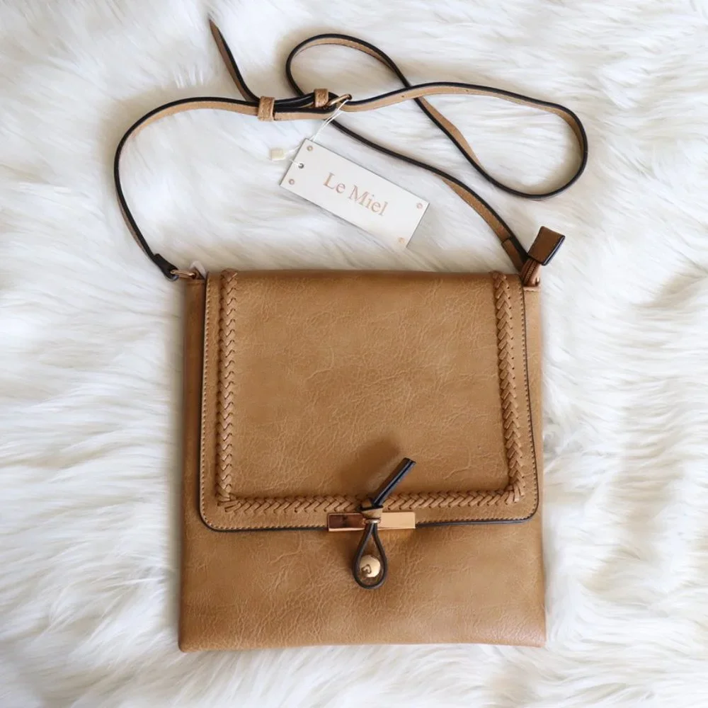 LA MIEL Tan Crossbody Bag with Gold Hardware
